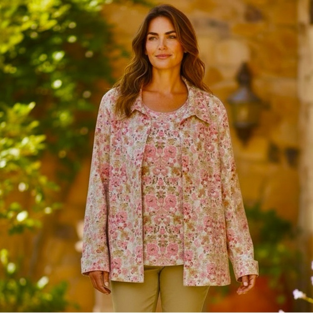 Vintage Cottagecore Floral 2 Piece Open Jacket & Sweater Set Size L/XL